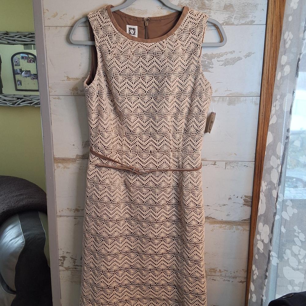 NWT Anne Klein Chic Cream Lace Midi Dress Belted Sz 6